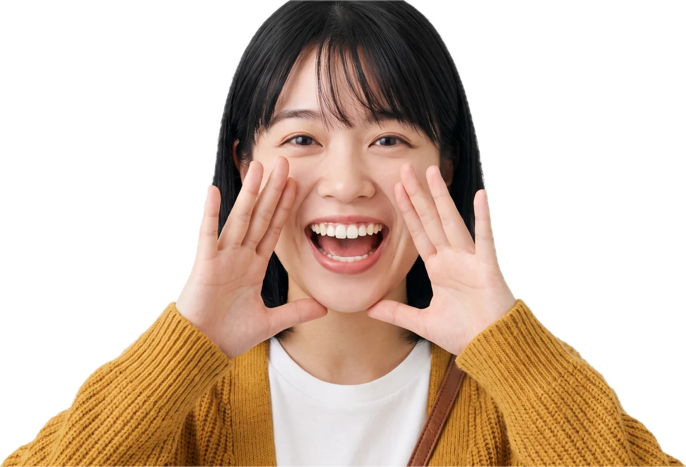 春野 あかりが口元に手を当てて呼びかけている